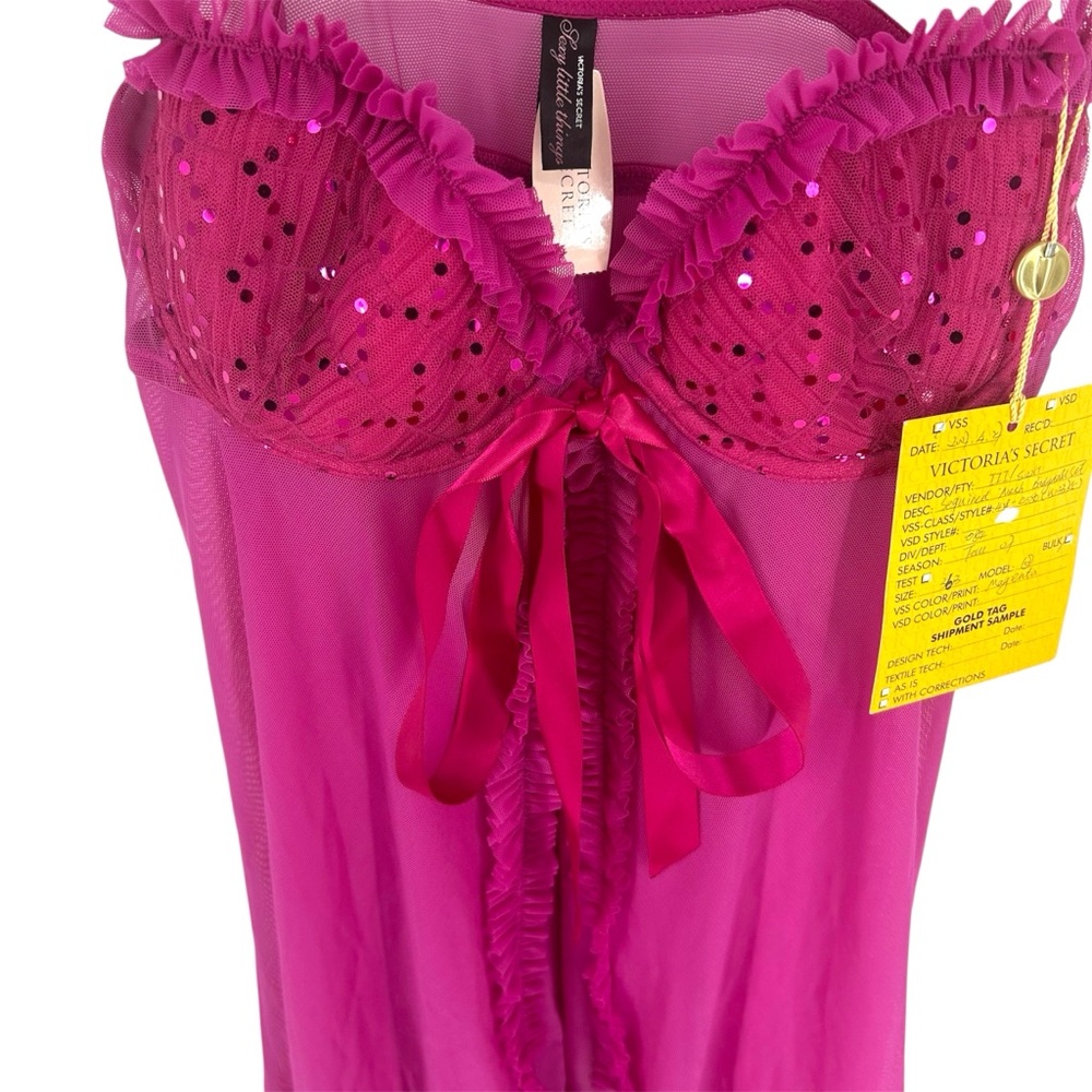NWT SAMPLE Victoria’s Secret Sexy Little Things Magenta Sequined Mesh Babydoll - Picture 3 of 11